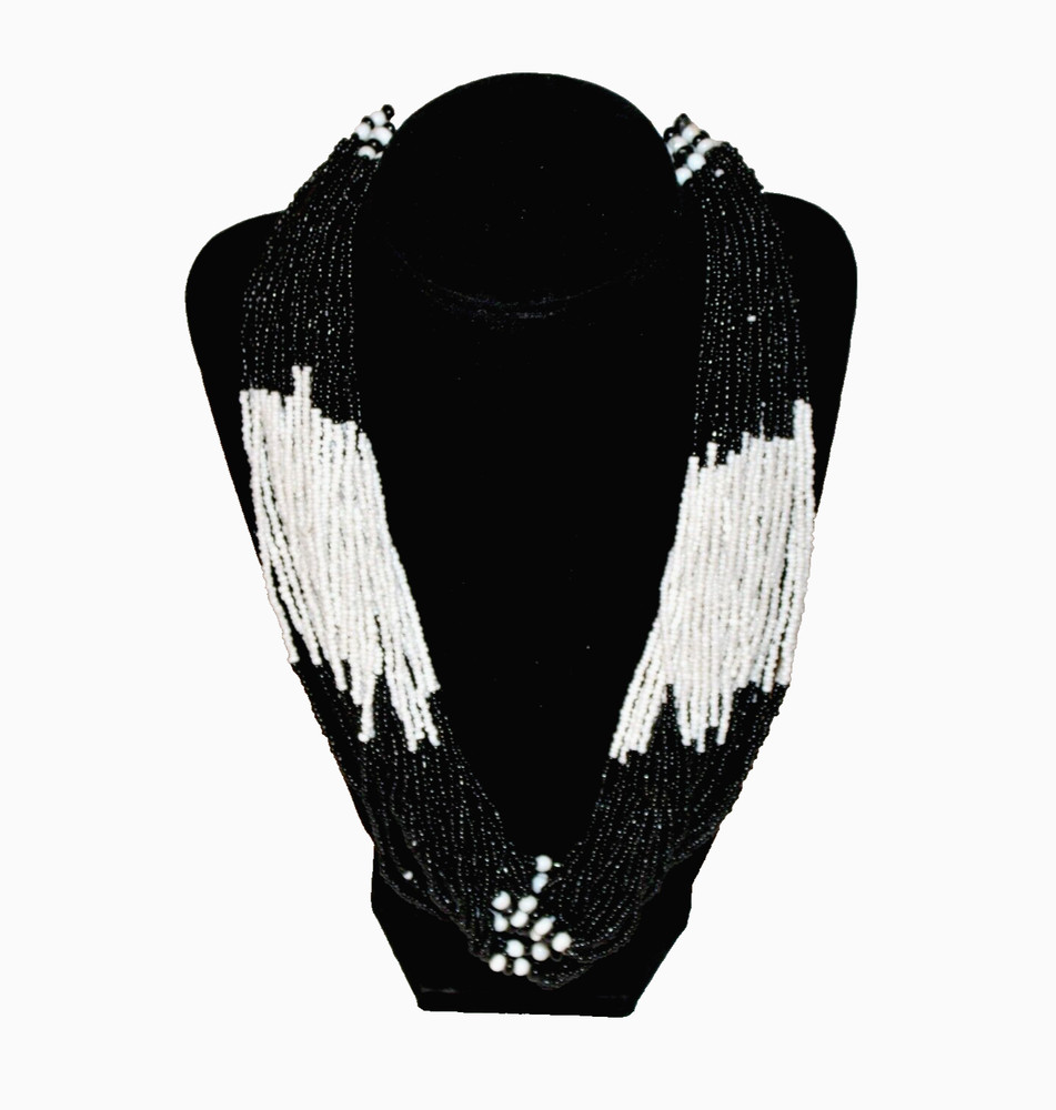 VTG Seed Bead Multi-Strand Necklace Black White Statement Hook Clasp Costume 22"
