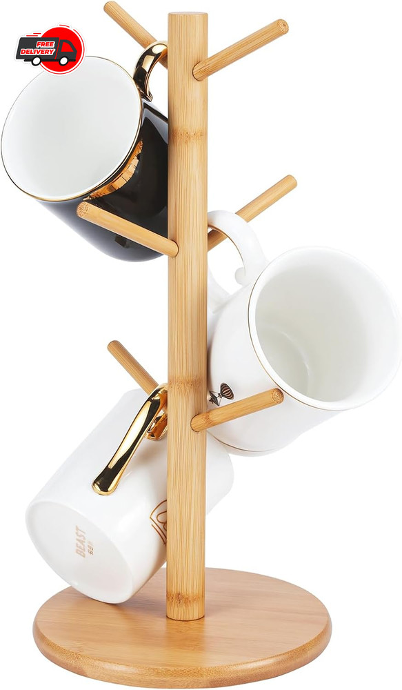 Bamboo Mug Holder, 6 Hooks Coffee Mug Holders Tree, Decorative Mug Racks for Cou