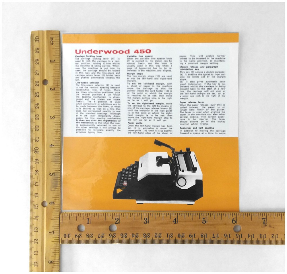 Underwood 450 Typewriter Owner's User Instruction Card Guide