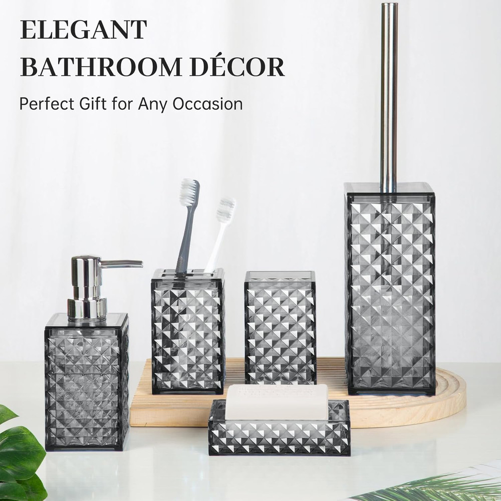 Bathroom Accessory Set, Grid Pattern 5 Pcs Plastic Bathroom Set Include Toilet B