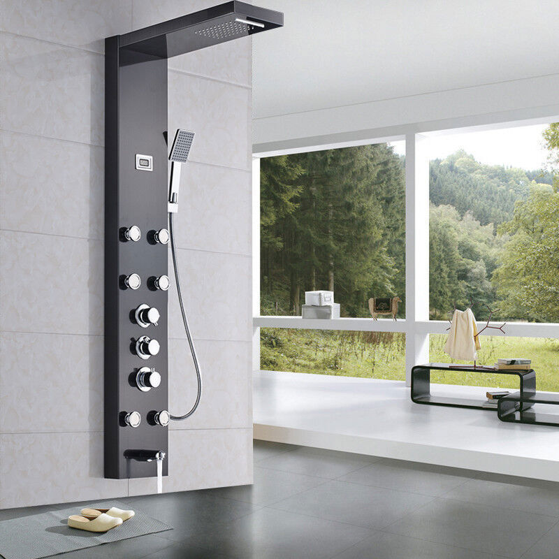 Multi Function Black Shower Panel Rainfall Massage Jets Thermostatic Display Tap