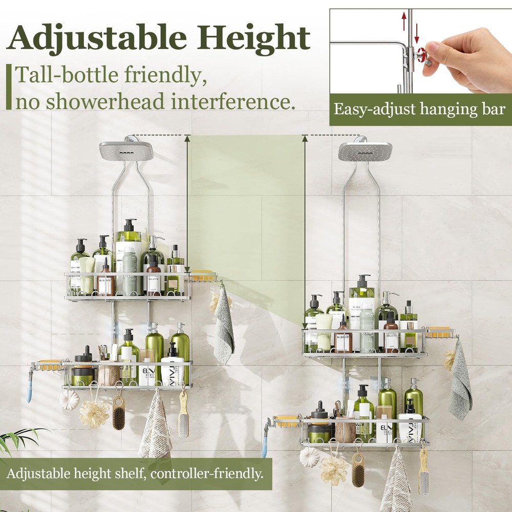 Skyapex Adjustable Rustproof Shower Caddy - Hooks, 2 Soap Holders, Silver
