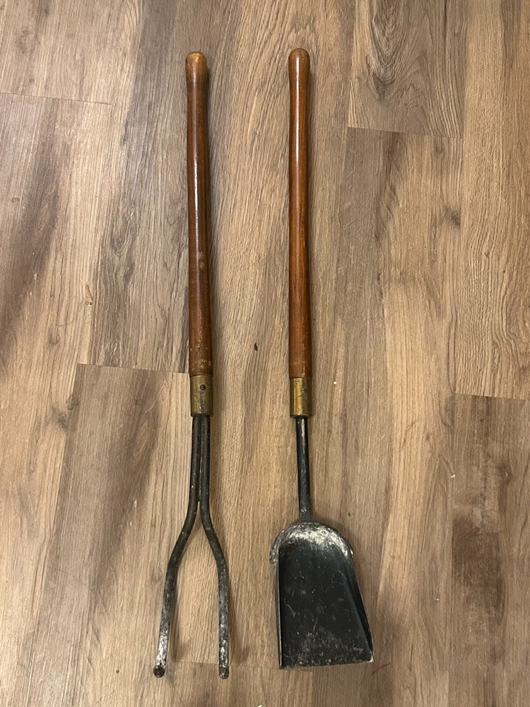 Vintage MCM Walnut Handle Seymour Fireplace Tools about 30" without broom