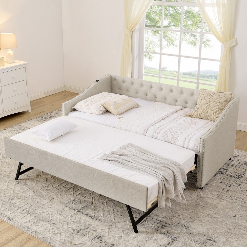 Twin Size Polyester Upholstery DayBed w/ Pull-out Trundle & USB Port Beige/Gray
