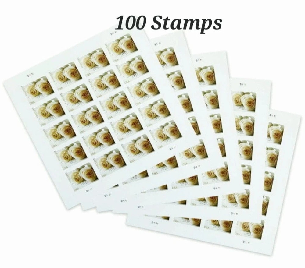 100 FOREVER STAMPS 5 SHEETS White Rose Wedding Invitations