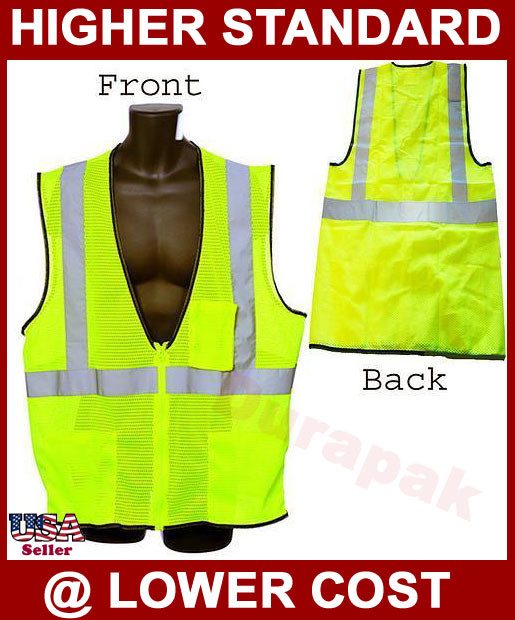 Safety Vest Class II Orange or Lime Green 2" Silver Reflector Mesh Front Back