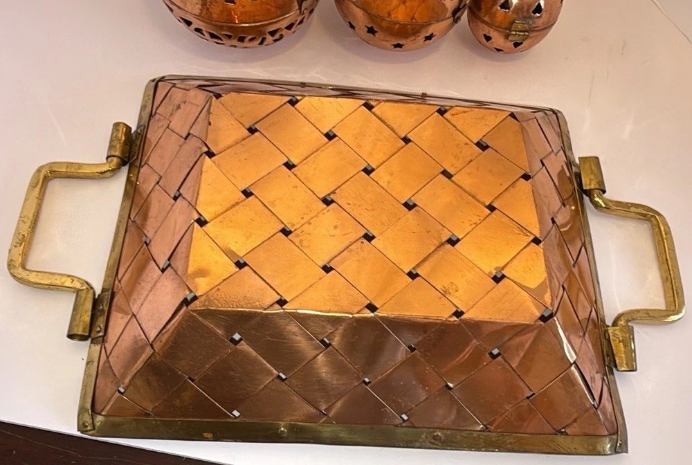 Woven Copper & Brass Tray With Three Hinged Decor Balls