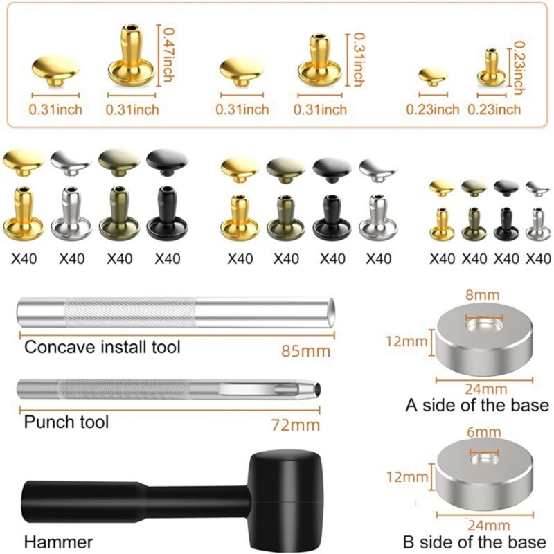 480 Set 4 Color Leather Rivets, Double Caps Rivets with Hammer