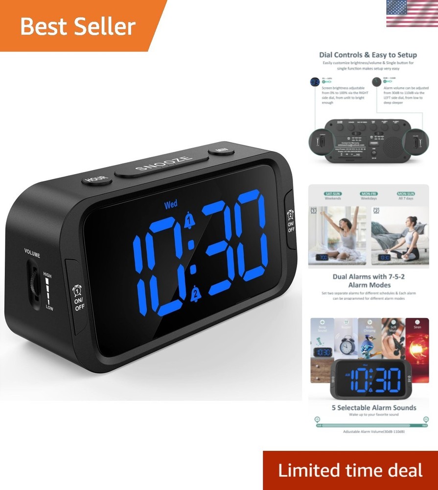 Versatile USB Charging Alarm Clock with Compact Design & Dimmer – Black/Blue LED