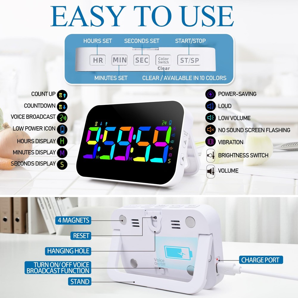 Kitchen LED Digital Timer Rechargeable, RGB Count Down Up Digital Timer with ...
