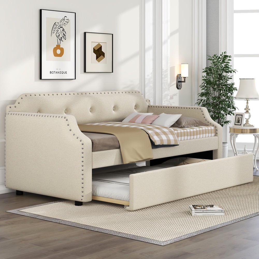 Reinforced Frame Twin Size Upholstered Daybed with Functional Trundle