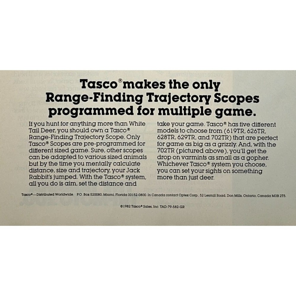Tasco Trajectory Scopes Vintage Print Ad 80s Range Finding Hunting