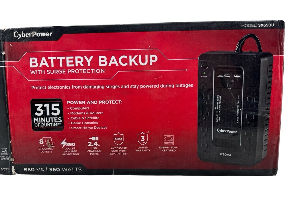 CyberPower 650VA 8-Outlet Battery Back-Up System 360W with USB  SX650U (OB1)