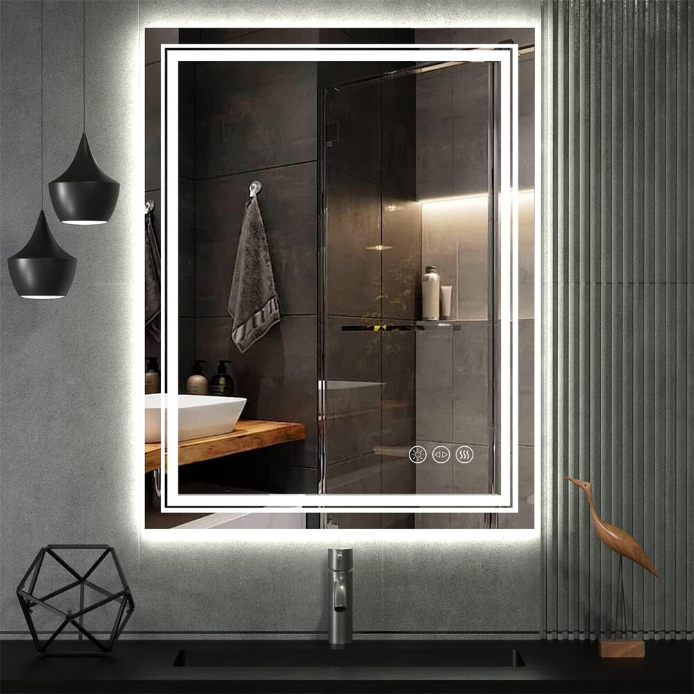 LED Mirror for Bathroom Vanity Front Light + Backlit Stepless Dimmable Anti-Fog