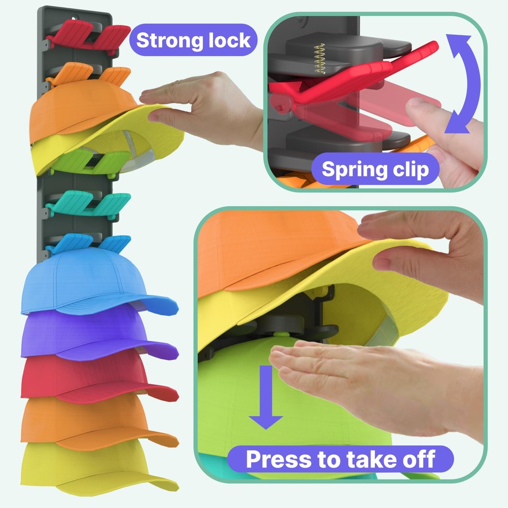 Hat Organizer for Baseball Caps 2 Packs with Built-in Spring Clips - Wall Mou...