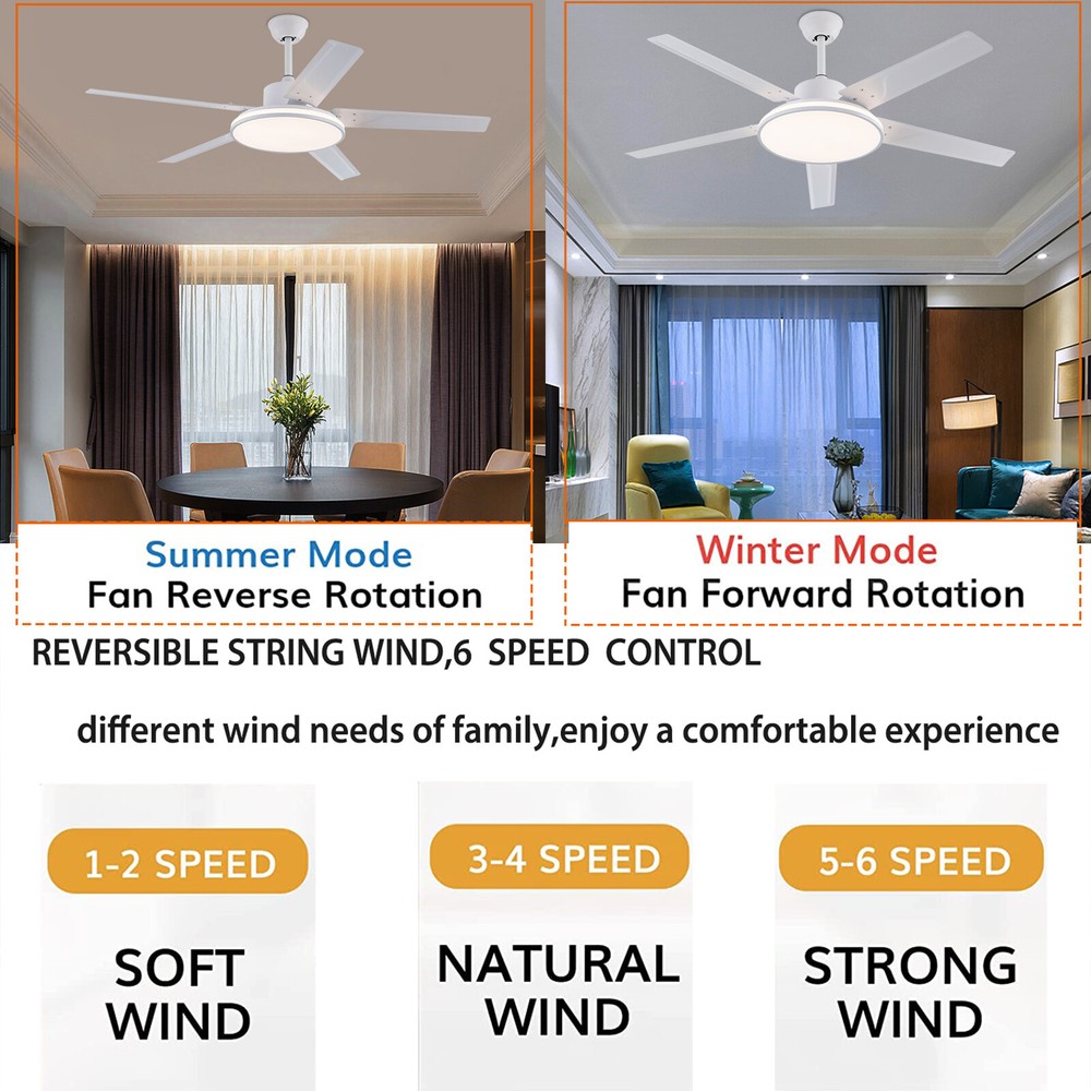 52in Modern Ceiling Fan Light Dimmable LED 3-Color Memory Function Fan w/ Remote
