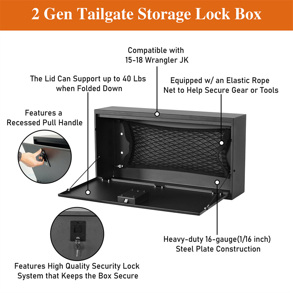 Tailgate Table Storage Lock Box Security Organizer for 15-18 Jeep Wrangler JK