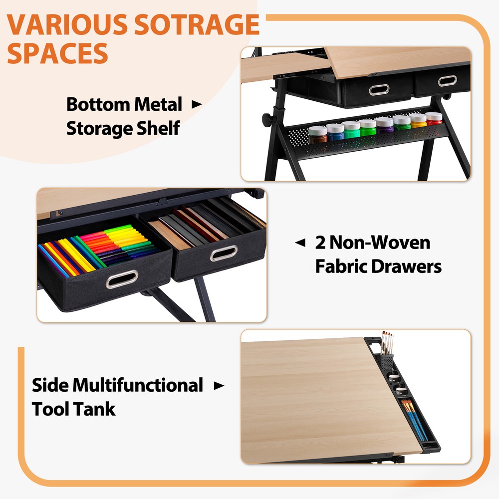 Adjustable Drafting Table Tilting Wooden Drawing Desk w/Charging Station & Stool