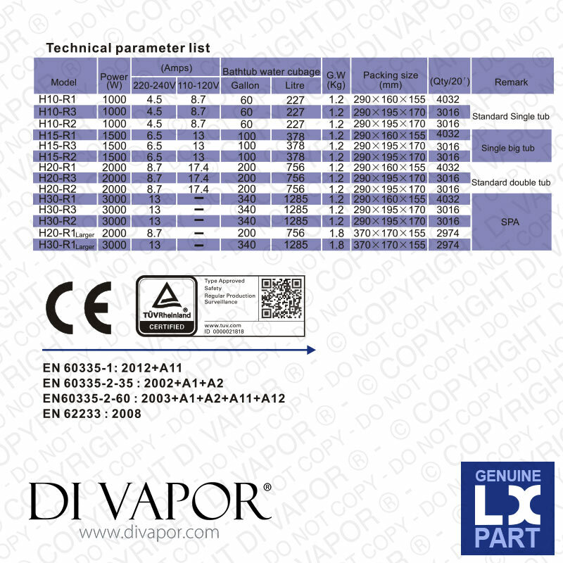 LX H30-R2 Water heater 3000W (3kW) - 230V/50Hz Flow type heater Whirlpool bath