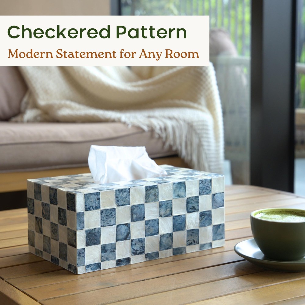 Rectangle Checkered Tissue Cover Handmade with Capiz Shells, Decorative Tissu...