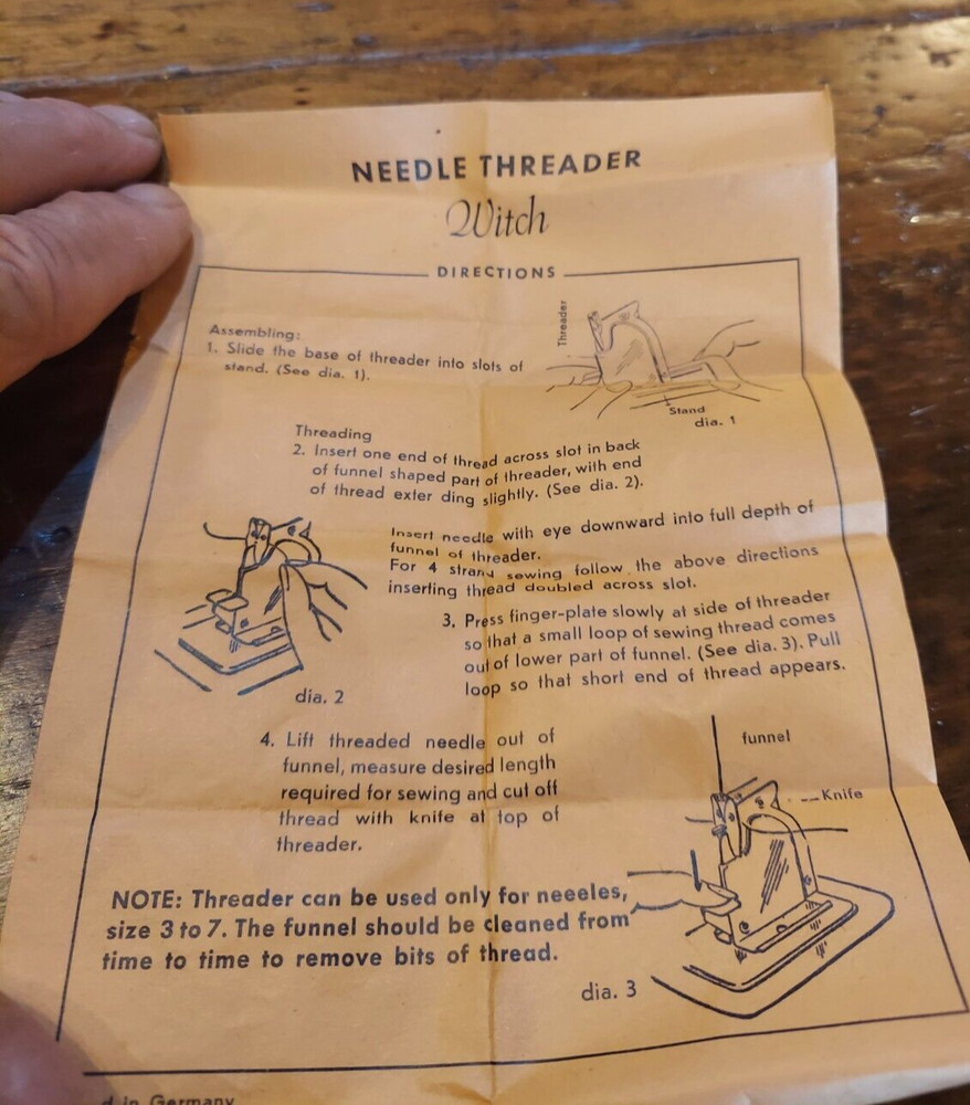 Vintage Witch Needle Threader with instructions Germany