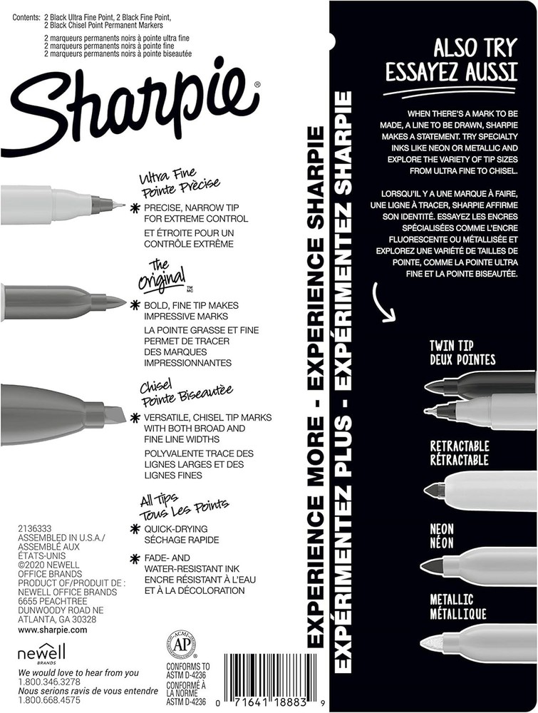 6-Piece Permanent Marker Set Black Fine Ultra-Fine Chisel Tips Multi-Surface