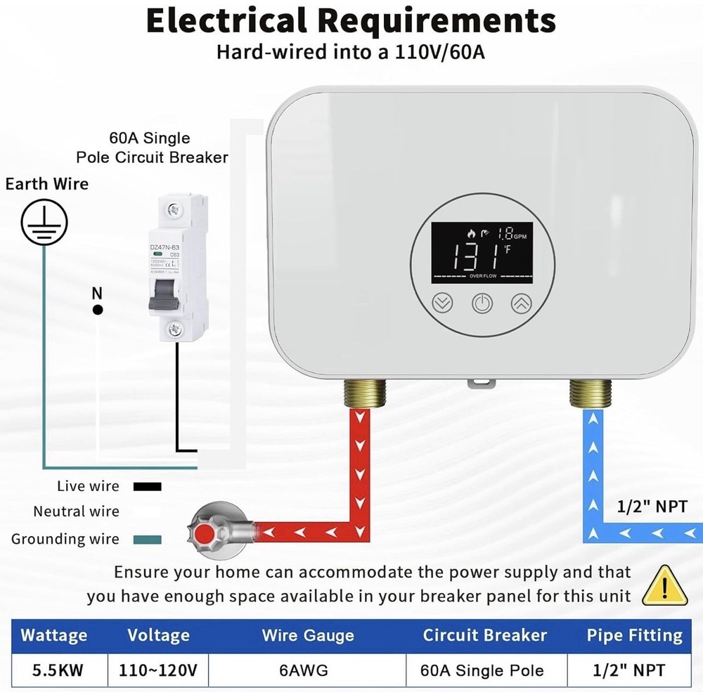 Tankless Water Heater Electric,110V 5500W under Sink Instant Water Heater with D
