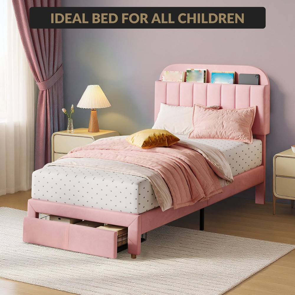 Velvet Upholstered Platform Bed Frame w/Storage Headboard,Twin Size Bed Frame