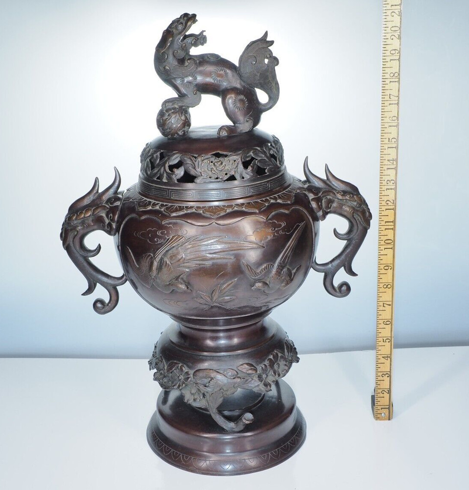 Large Antique Bronze Chinese incense burner censor, 21" tall signed