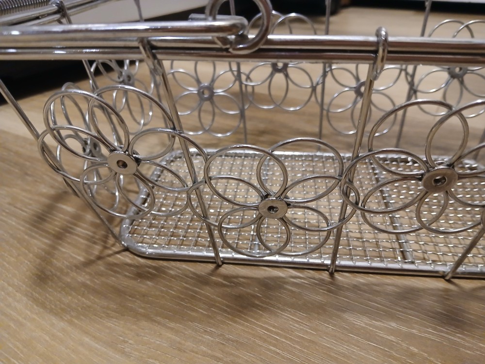 Rectangular Silver Metal Wire Basket with Handles Floral Design