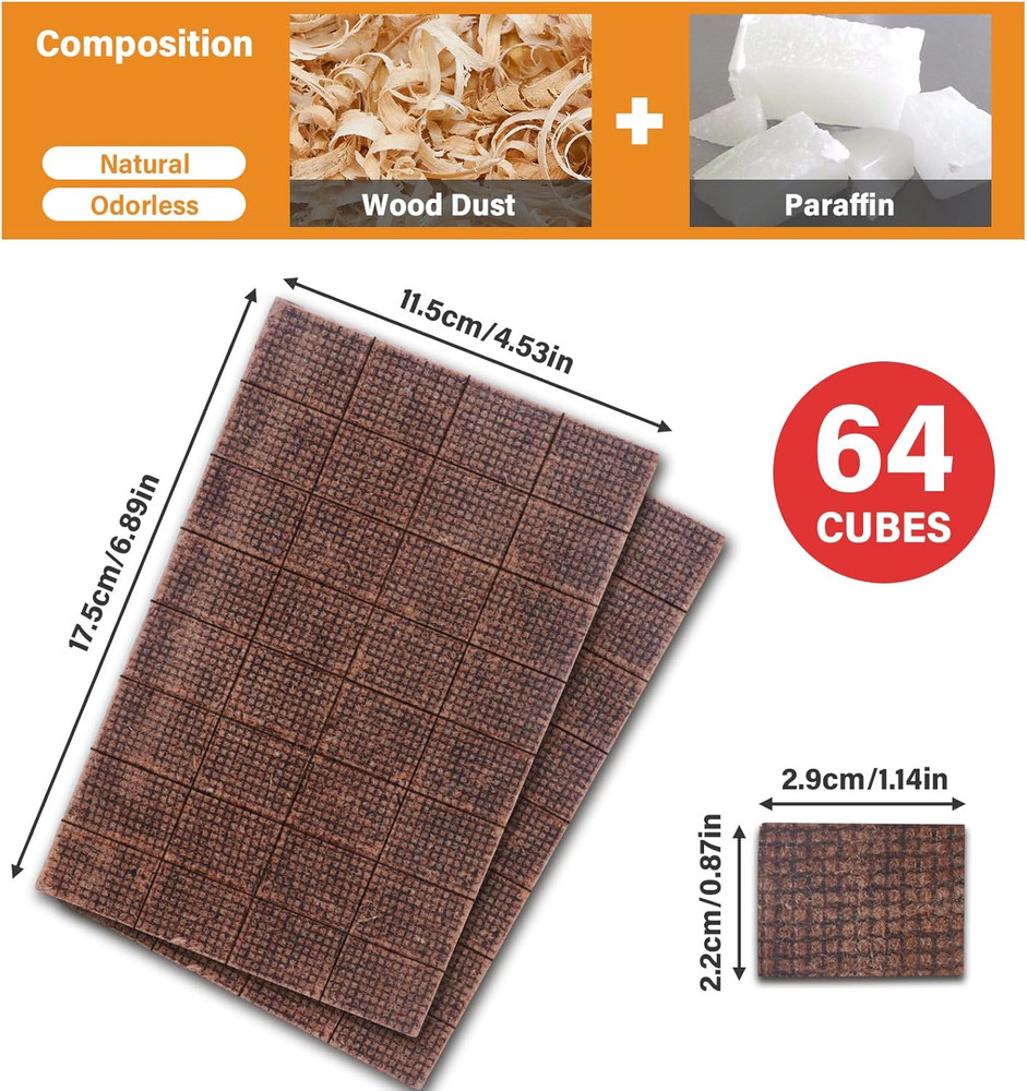 Fire Starter 64 Pack Natural Mini Squares for BBQ Campfire Fireplace Grill