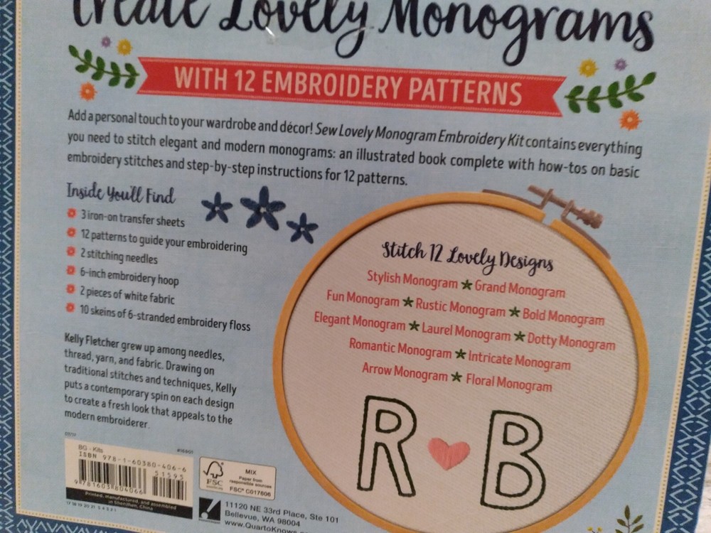 SEW LOVELY MONOGRAM EMBROIDERY KIT WITH 12 PATTERNS