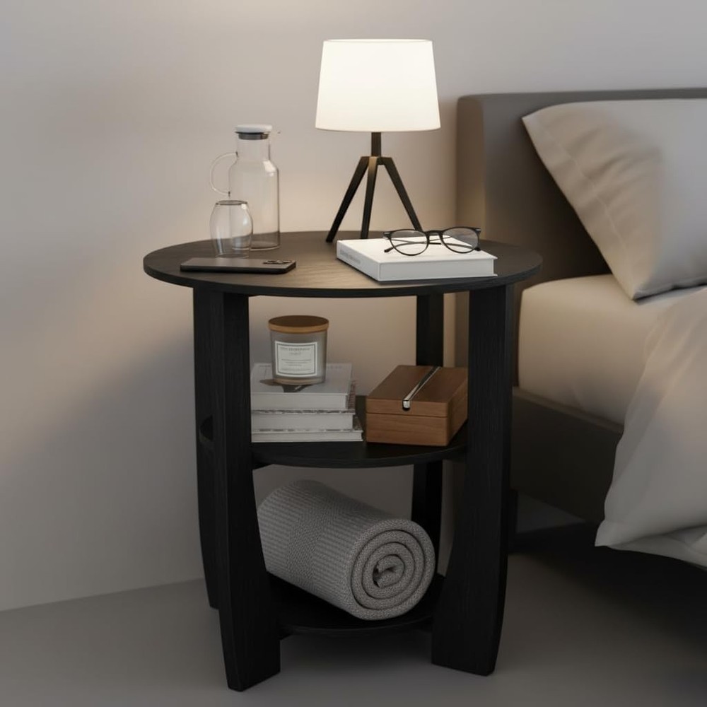 19.7" Black Round 3-Tier Side Table End Table Nightstand Storage Sofa #R08