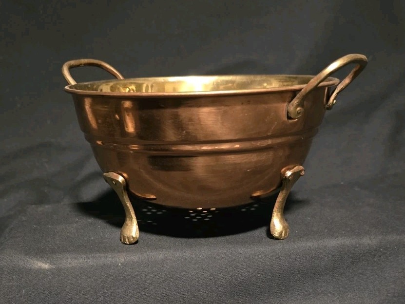 Heavyweight Small Copper- Solid Brass Handles Footed 7" Petite Colander Strainer