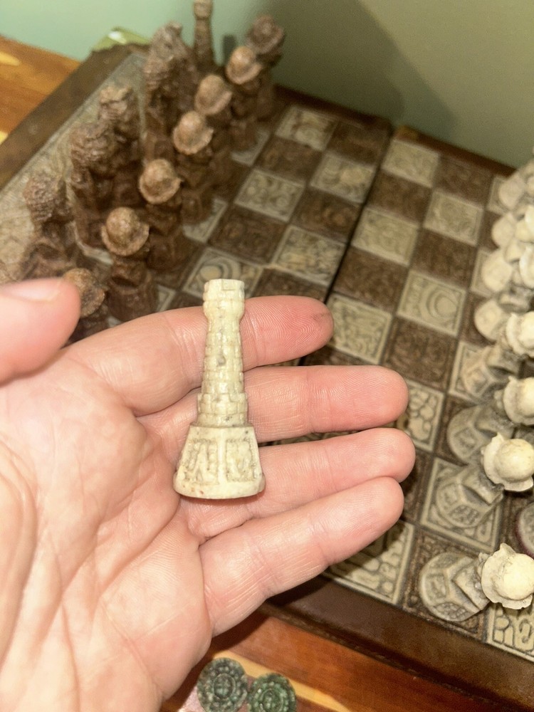 Vintage Unique Aztec Spanish Folding Chess Board Set Mexico Complete