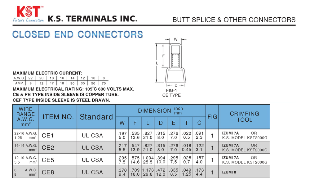 Pack 100pcs KST Insulated Closed End Crimp Splice Caps, UL, Copper, SELECT SIZE