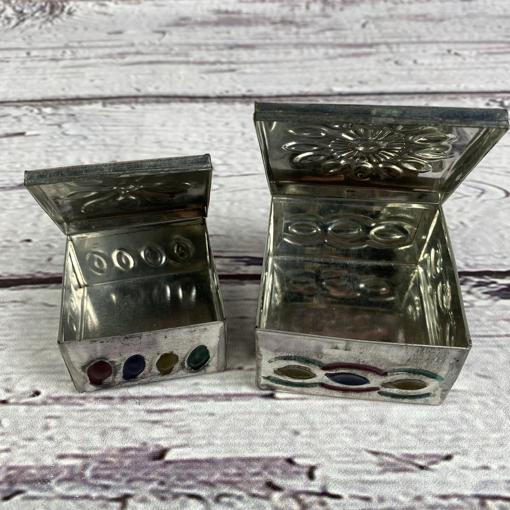 Embossed Hand Painted Mini Mexican Nesting Tin Trinket Boxes Square Hinged