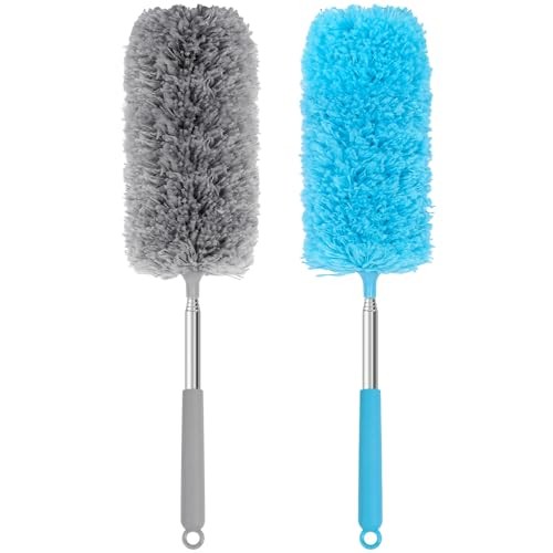 Mini Microfiber Duster for Cleaning, Hand Duster with Extension Pole, Blue Grey