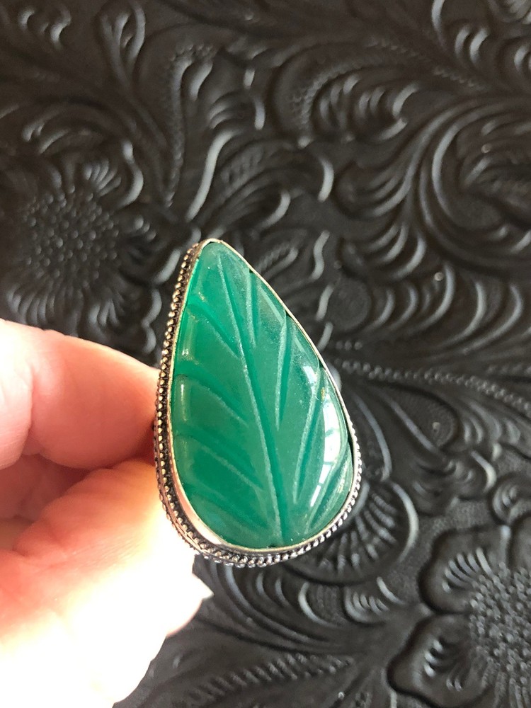Carved Emerald Ring Size 6 Leaf Design Lab Created Artisan Southwest