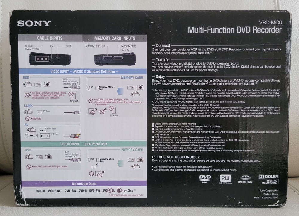 SONY DVDirect VRD-MC6 Multi-Function DVD Recorder w/ 2.7" Screen+AVCHD Recording