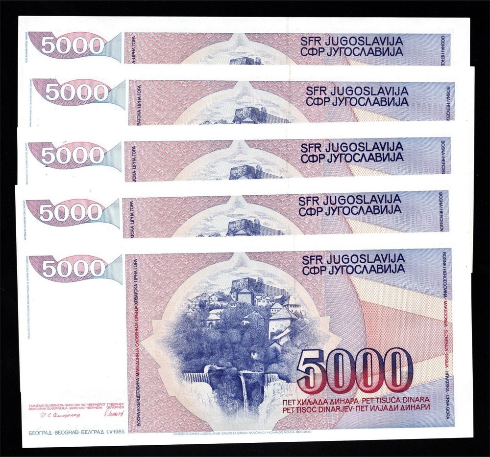 Yugoslavia - Set/5 consec. 5000 Dinara Notes - 1985 - P93a - Unc