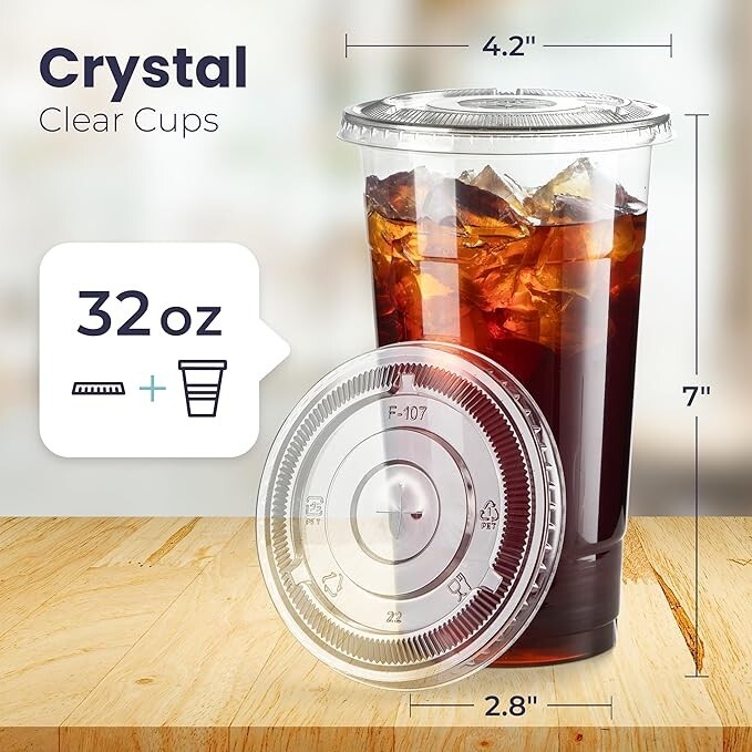 100 sets [ 32oz ] Clear Plastic Cups with lids