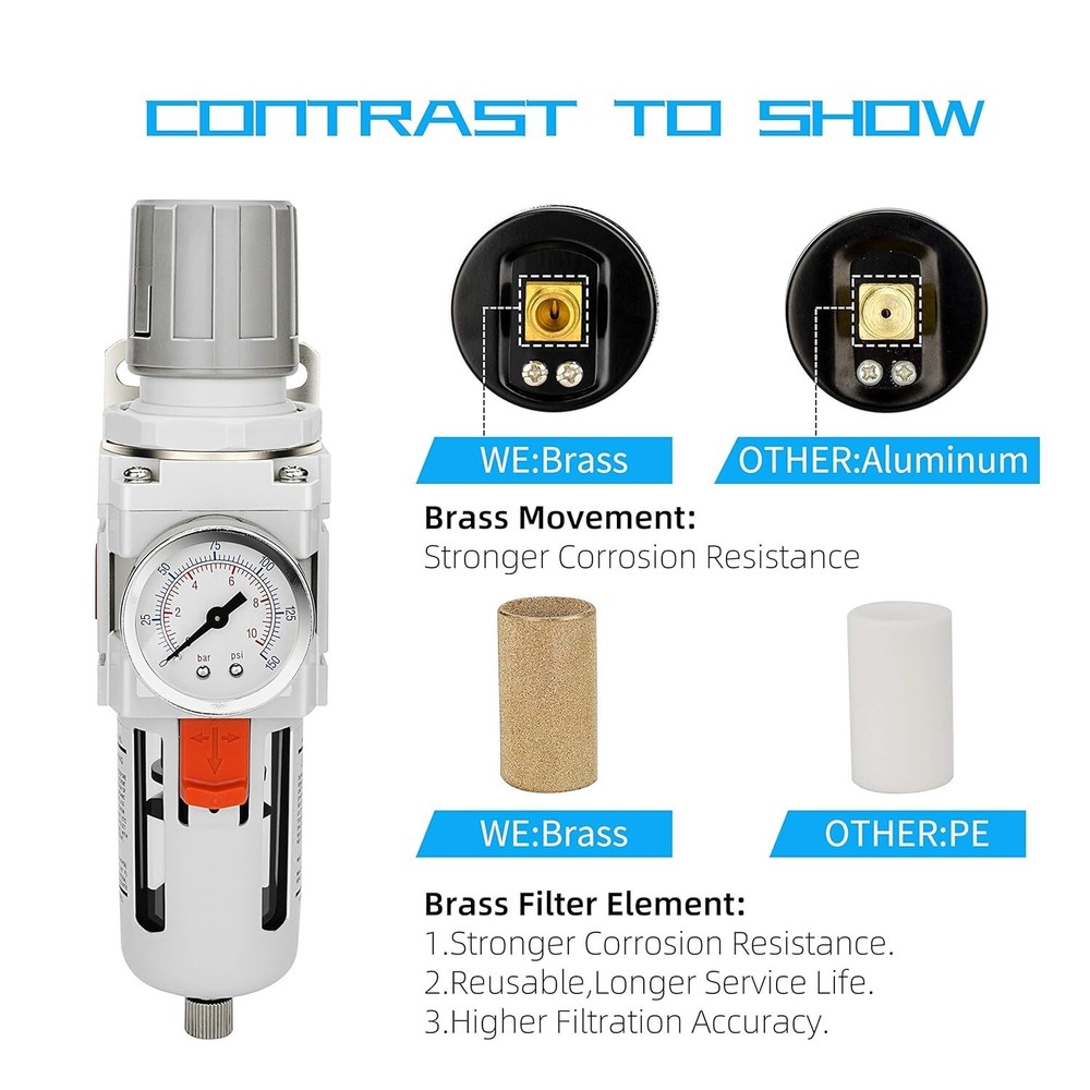 1/2" NPT Air Filter Regulator Combo, 5 Micron Brass Element, Semi-Auto Drain