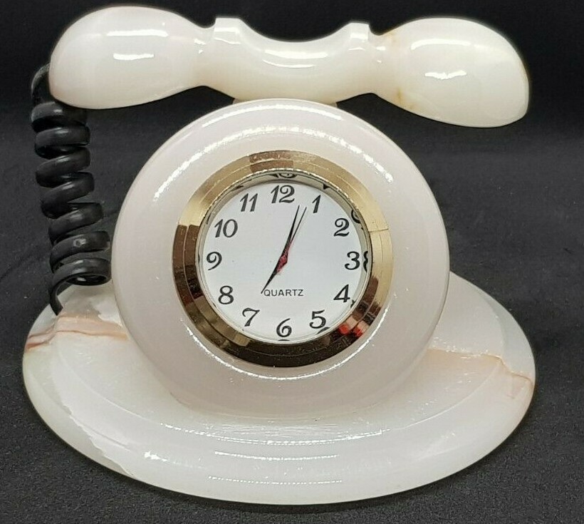 WHITE ONYX HANDCRAFTED, TELEPHONE STYLE CLOCK, 3"