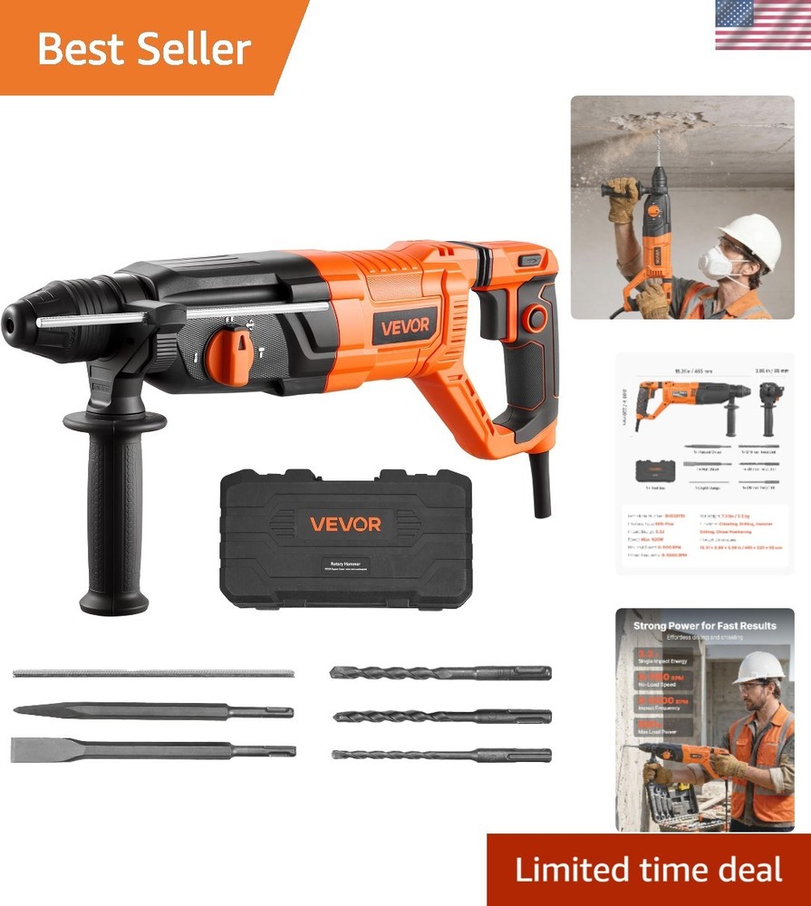 Versatile 1-1/8" Rotary Hammer Drill with Quick Change SDS-Plus & Carrying Case