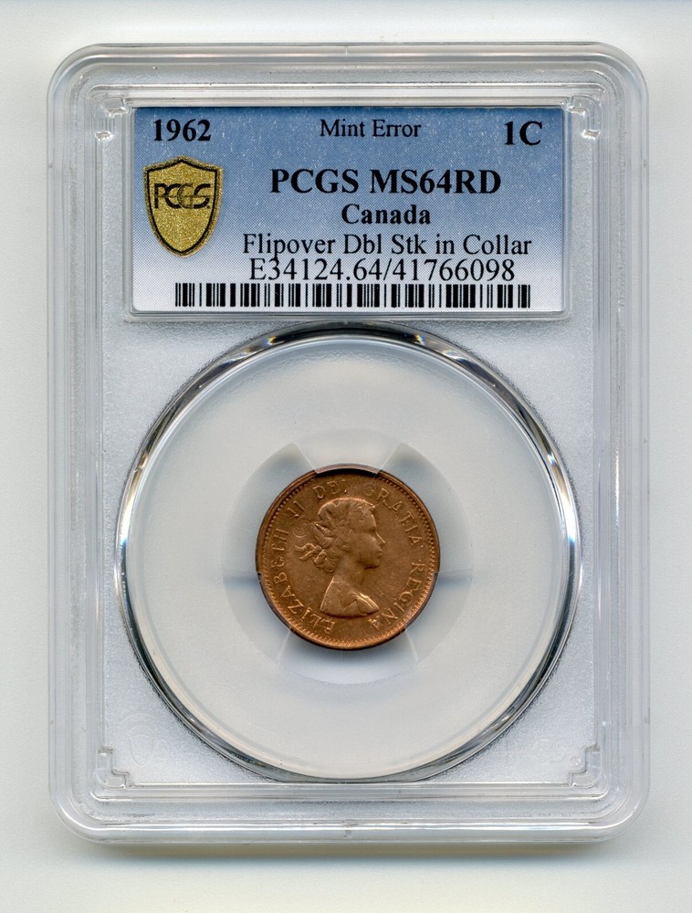 1962 Canada 1 Cent ERROR, Flip over Double Struck - PCGS Uncirculated MS64 RD