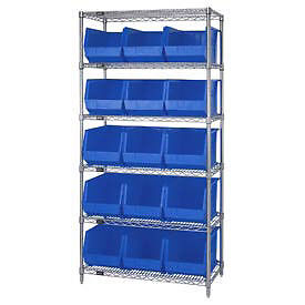 Wire Shelving With (15) Giant Plastic Stacking Bins Blue 36x18x74