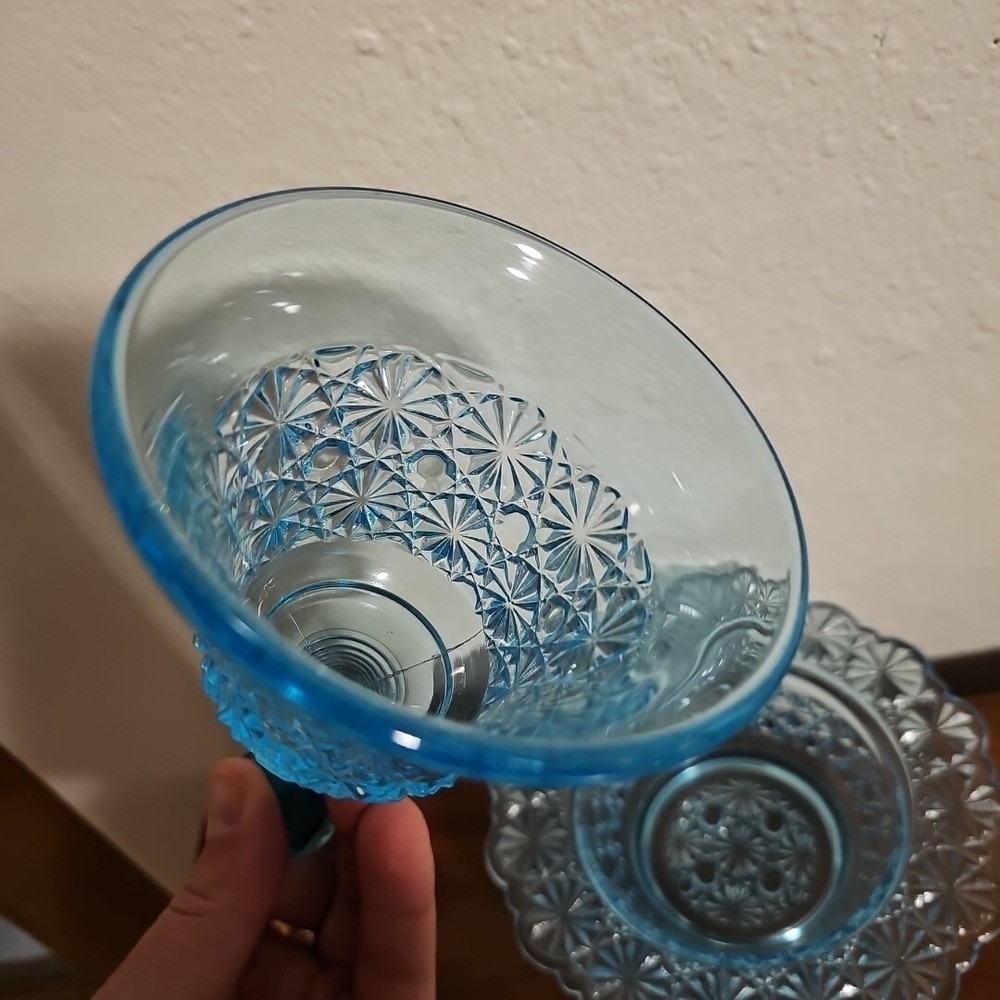 L E Smith Blue Daisy & Button Bell Shape Candy Sish Bowl Rare