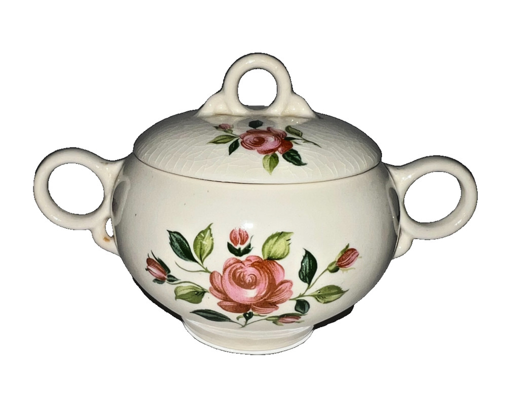 Vintage Ceramic Double Handled Lidded Sugar Bowl Pink Roses