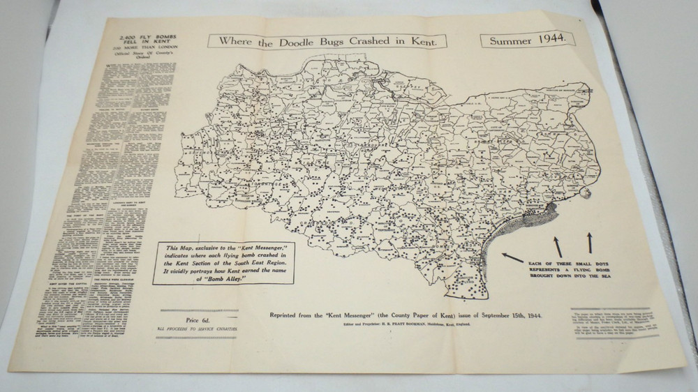 WWII British Where The Doodle Bugs Crashed in Kent Map